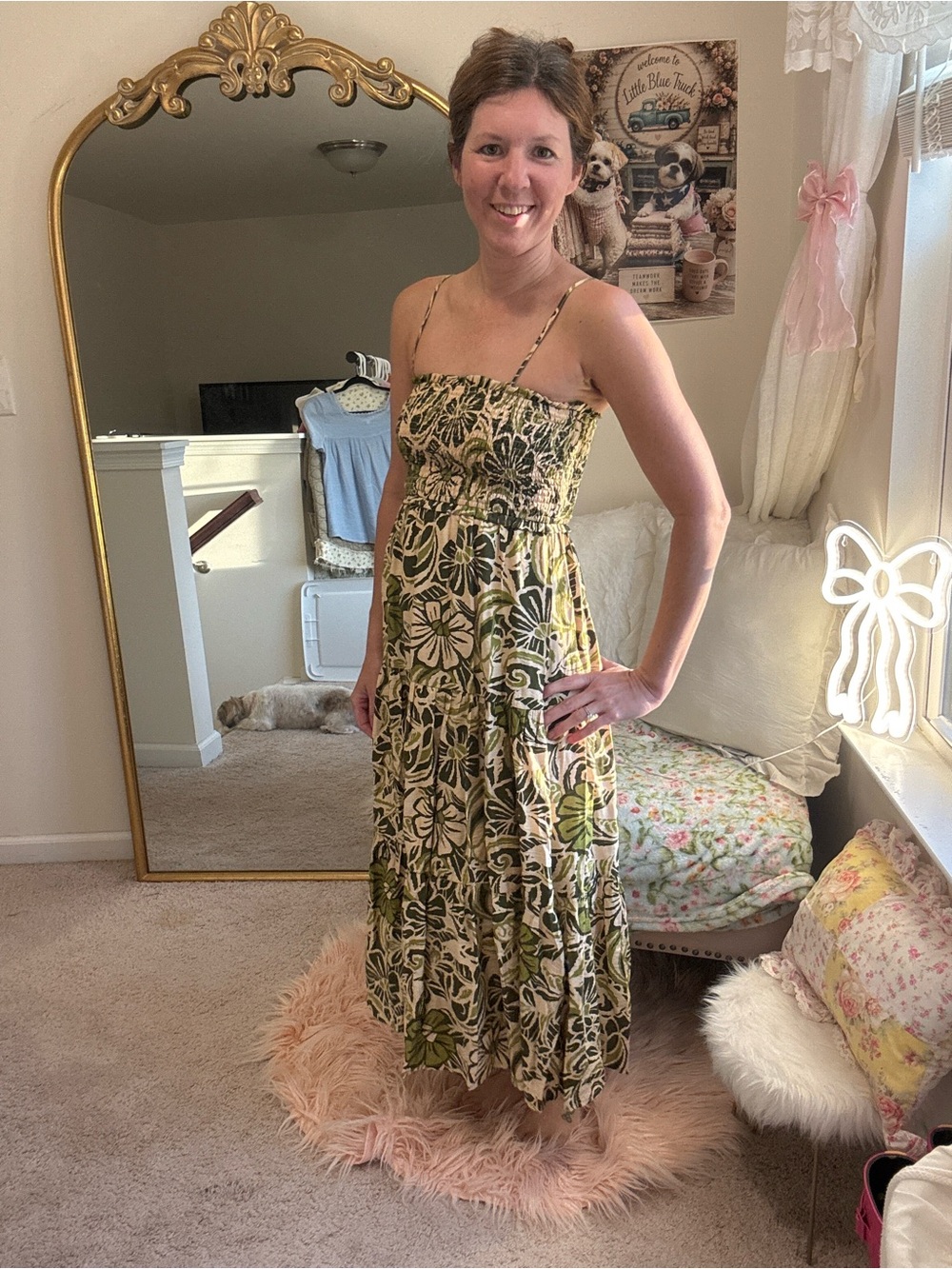 Be cool Smocked Strappy Midi Dress in Olive Floral